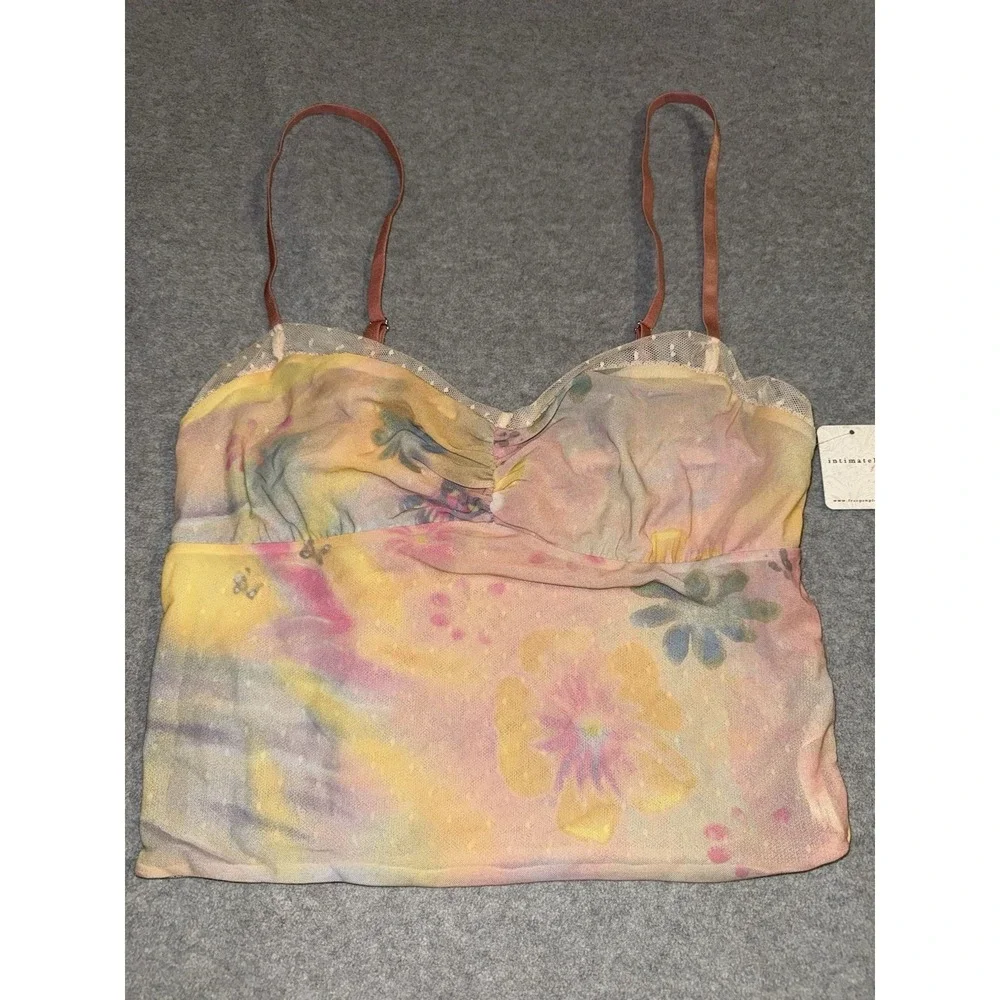 Free People X Revolve Airbrush Dreams Cami Top Pink Cropped Flower Lace Size L